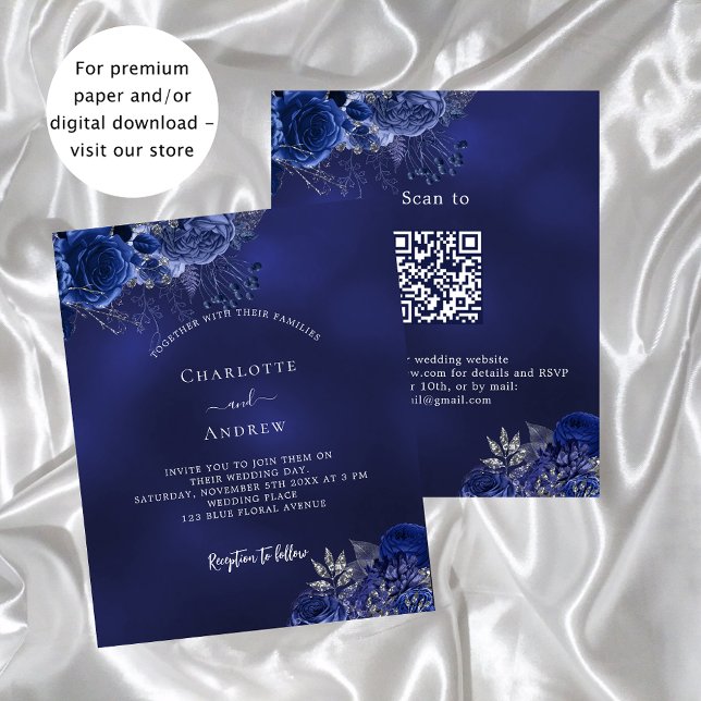 Marine bleu floral QR RSVP budget faire-part de ma (Créateur téléchargé)