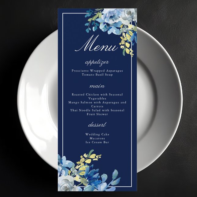 Marine Bleu Flore Élégant Dîner de mariage Menu (Créateur téléchargé)