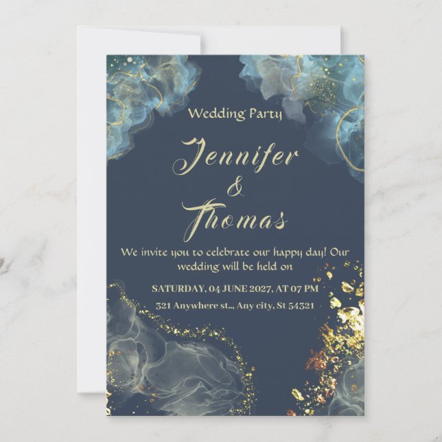 Marine bleu Gold Faire-part de mariage moderne (Devant)