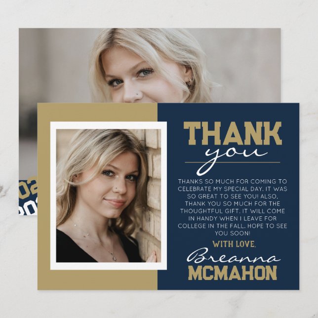 Marine Bleu & Gold Graduation 2 Carte de remerciem (Devant / Derrière)