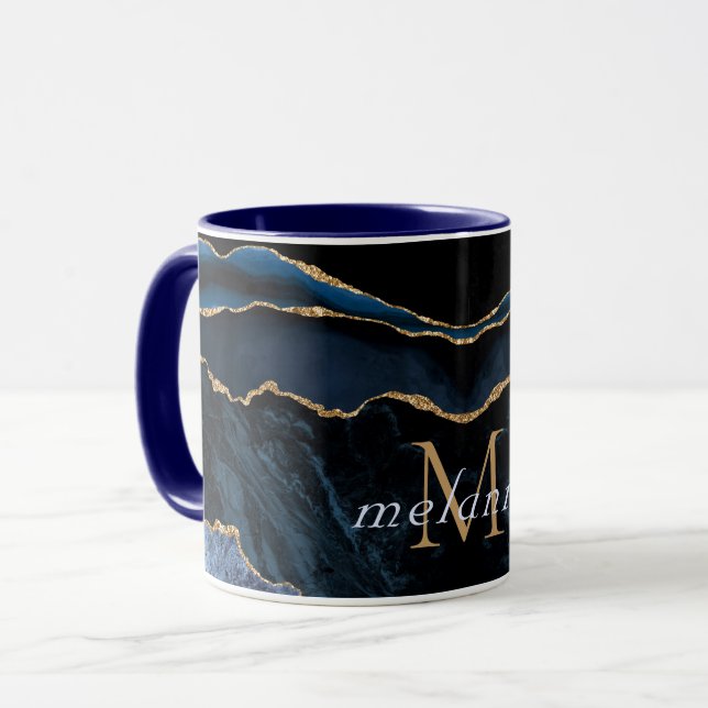 Marine Bleu Marbre Or Personnalisé Lettre Nom Mug  (Devant gauche)