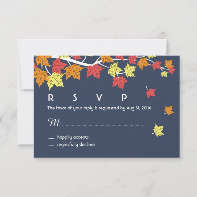 Marine Bleu Mariage d'automne Carte RSVP Feuilles  (Devant)