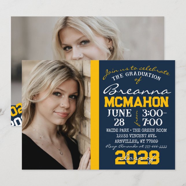 Marine Bleu & Or Graduation 2 Photo Invitation (Devant / Derrière)
