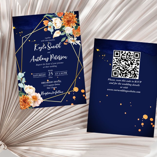 Marine bleu orange blanc roses invitation de maria (Navy blue orange white roses geometrical gold frame all in one wedding invitation template digital)