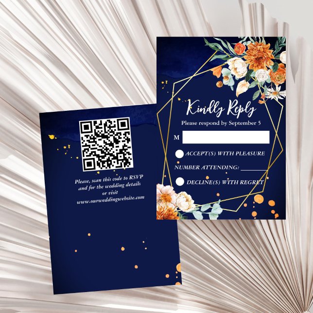 Marine bleu orange blanc roses mariage RSVP (Navy blue orange white roses geometrical gold frame wedding RSVP card wedding invitation suite)