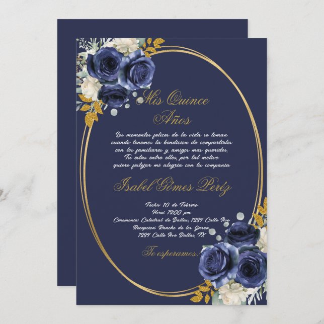 Marine bleu Quinceanera invitation en espagnol (Devant / Derrière)