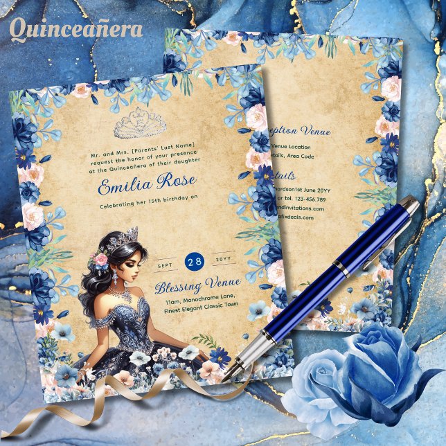 Marine bleu Quinceanera robe Roses floraux (Créateur téléchargé)