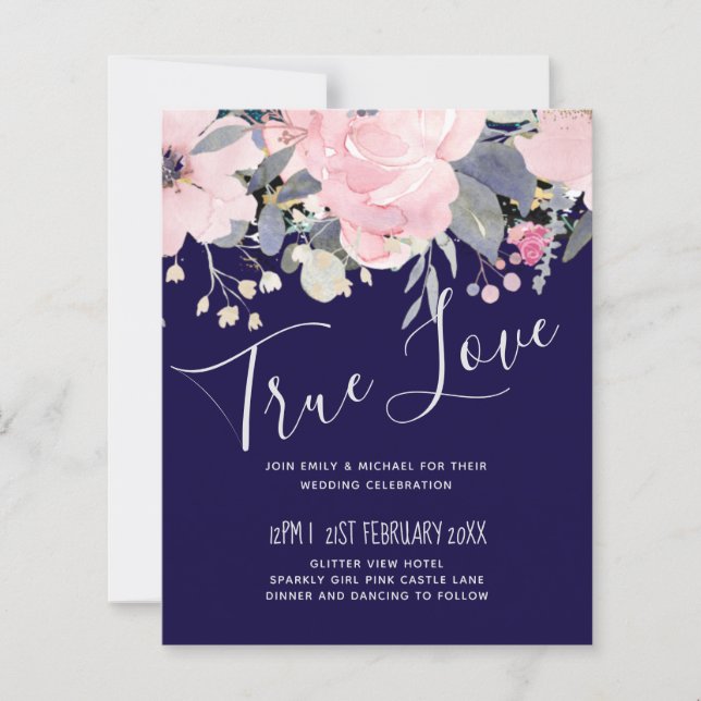 Marine bleu rose Floral moderne Budget Mariage (Devant)