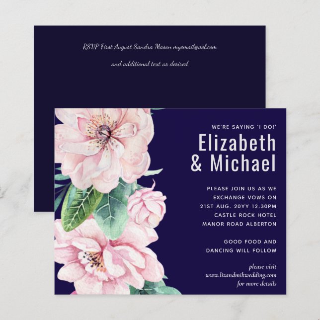 Marine bleu rose Floral moderne Budget Mariage (Devant / Derrière)
