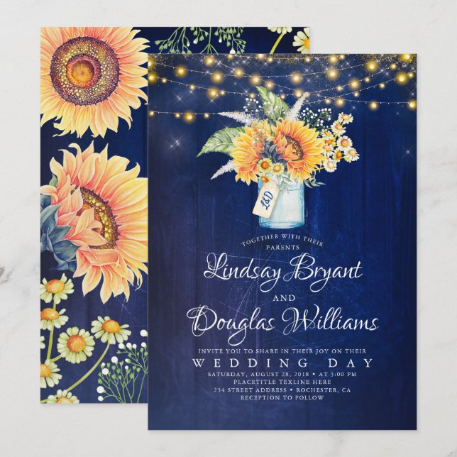 Marine Bleu Tournesol Rustique Mariage Invitations (Devant / Derrière)