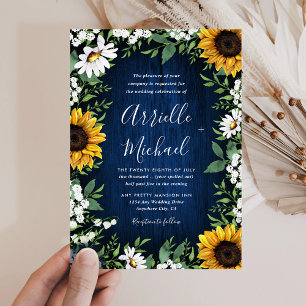Marine Bleu Tournesol Rustique Mariage Invitations
