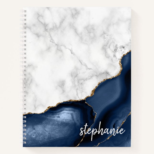 Marine Blue Agate Marbre Or Monogramme Carnet (Devant)