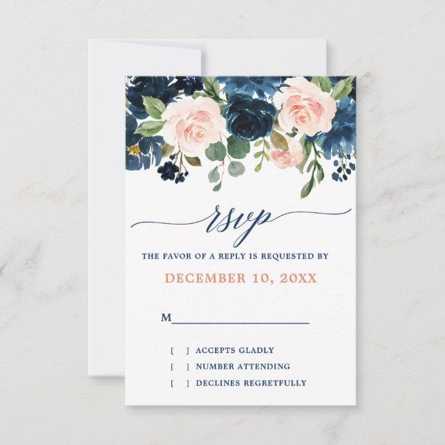 Marine Blue Blush Rose Rose Boho mariage RSVP (Devant)