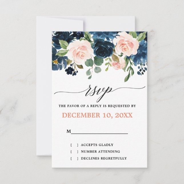 Marine Blue Blush Rose Rose Boho mariage RSVP (Devant)