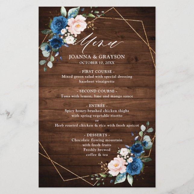 Marine Blue Blush Rustic Wood Mariage géométrique  (Devant)
