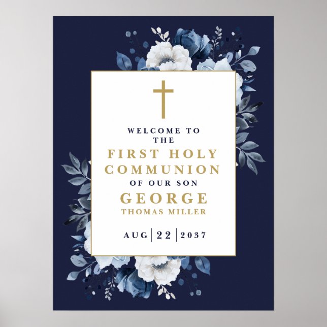 Marine Blue Boho Floral Holy Communion Affiche de  (Devant)