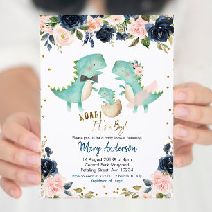 Marine Blue Boy Dinosaur Couple Douche Invitation 