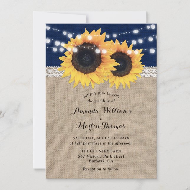 Marine Blue Burlap Sunflower Invitations de mariag (Devant)
