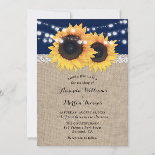 Marine Blue Burlap Sunflower Invitations de mariag