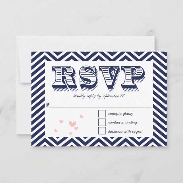 Marine Blue Chevron Retro Typographie Mariage RSVP (Devant)