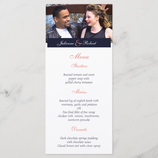 Marine Blue Coral Modern Photo Mariage Menu (Devant)