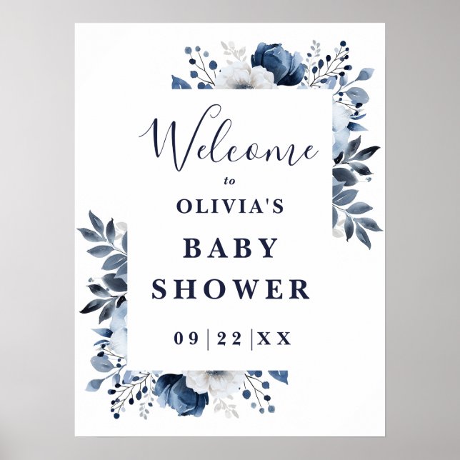 Marine Blue Country Floral Baby shower Affiche de  (Devant)