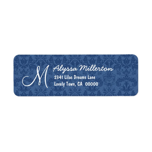 Marine Blue Damask Monogramme M Ver 001 Étiquette  (Devant)