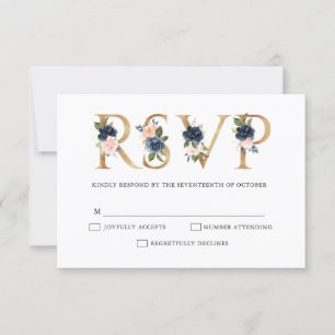 Marine Blue Dusty Blush Rose Floral Wedding RSVP