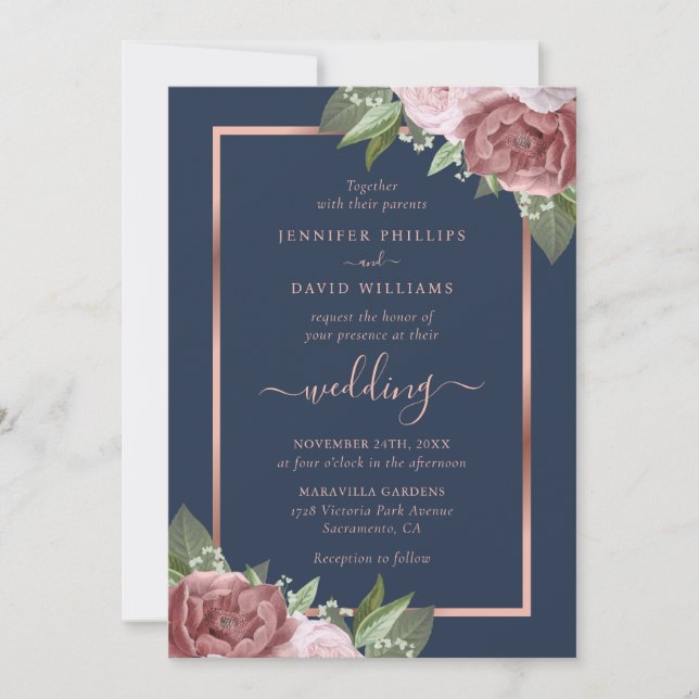 Marine Blue et Rose Gold Floral Wedding Invitation (Devant)