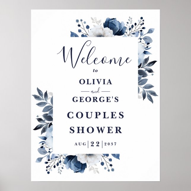 Marine Blue Floral Couples Douche Affiche de bienv (Devant)