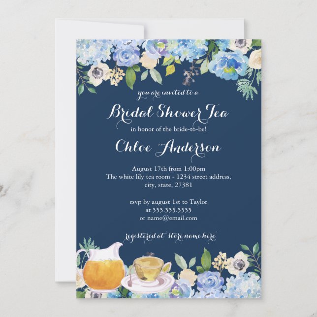 Marine Blue Floral Teacup Invitation de la douche  (Devant)