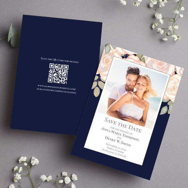 Marine Blue Floral Wedding Save the Date Photo (Navy blue wedding save the date photo card. With a scannable QR code. )