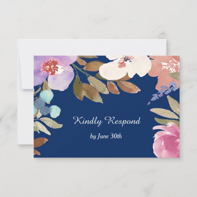 Marine Blue Garden Floral Wedding RSVP (Devant)