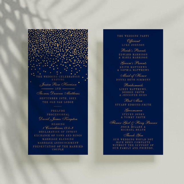 Marine Blue & Glam Gold Confetti Wedding Programme (Créateur téléchargé)