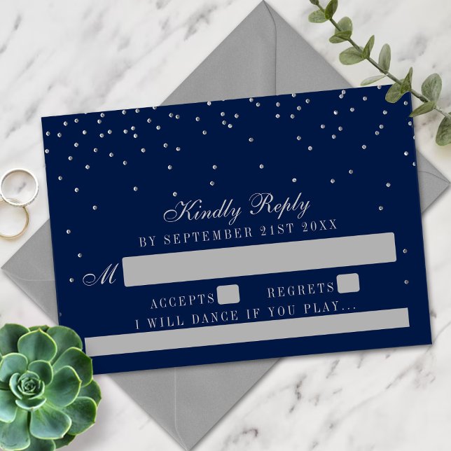 Marine Blue & Glam Silver Confetti Wedding RSVP (Créateur téléchargé)