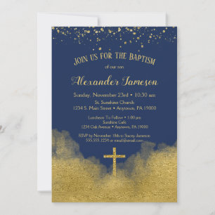 Marine Blue Gold Confetti Baptême Invitation Garço