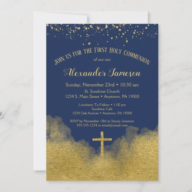 Marine Blue Gold First Holy Communion Invitation (Devant)