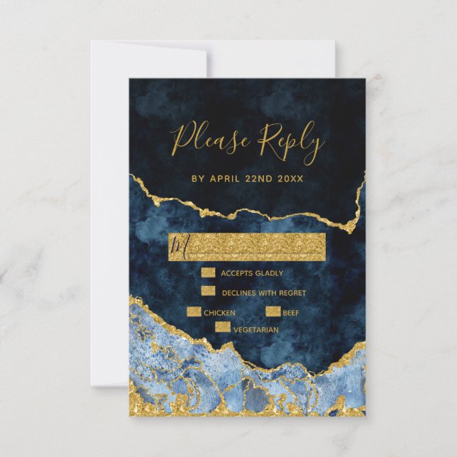 Marine Blue Gold Foil Agate Gilt Wedding RSVP Répo (Devant)