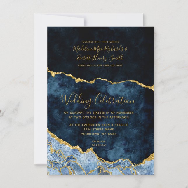 Marine Blue & Gold Foil Agate Mariage Invitations (Devant)