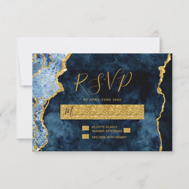 Marine Blue Gold Foil Agate Mariage RSVP Réponse (Devant)