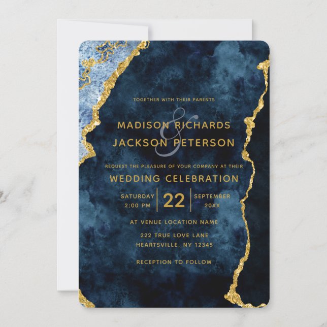 Marine Blue Gold Foil Marbre de mariage Invitation (Devant)