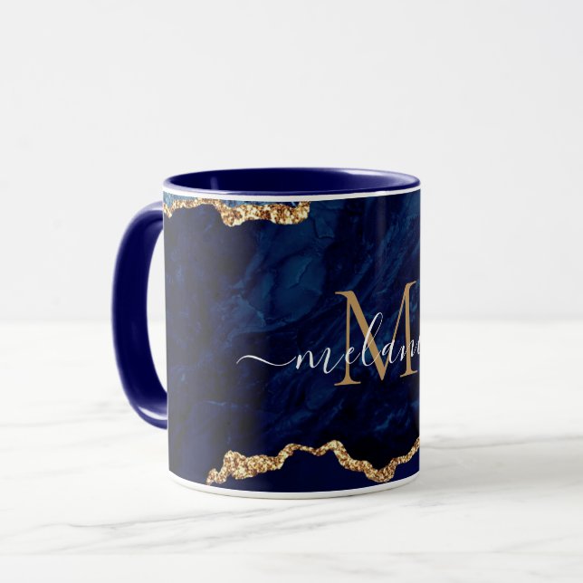 Marine Blue Gold Marble Custom Lettre Nom Mug (Devant gauche)