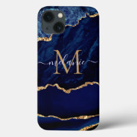 Marine Blue Gold Marble Votre Lettre Nom coque iph