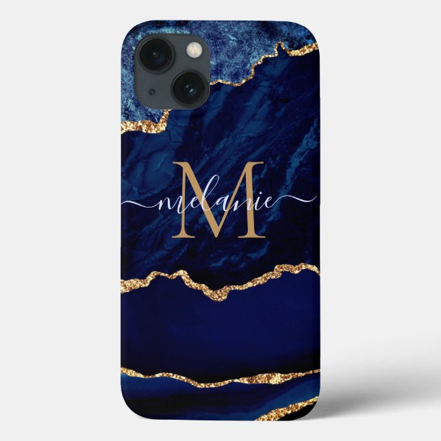 Marine Blue Gold Marble Votre Lettre Nom coque iph (Verso)