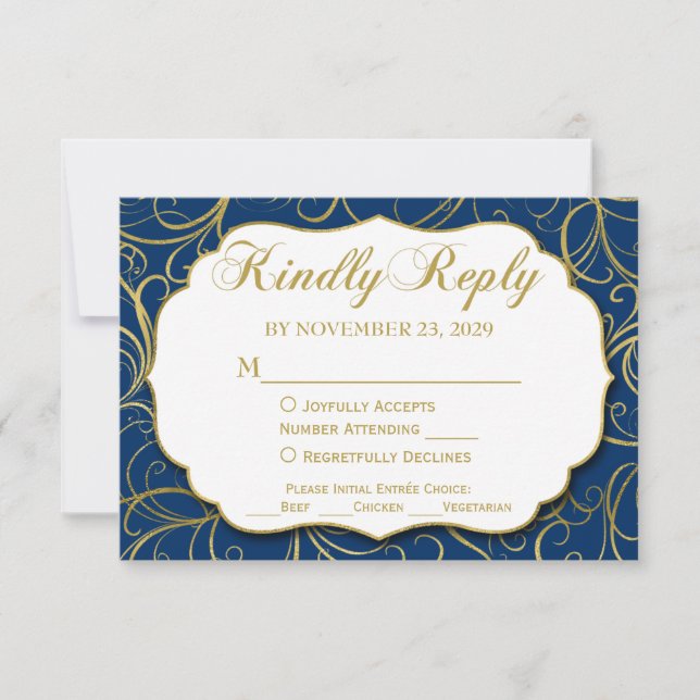 Marine Blue Gold Swirl Réponse du Mariage RSVP ave (Devant)