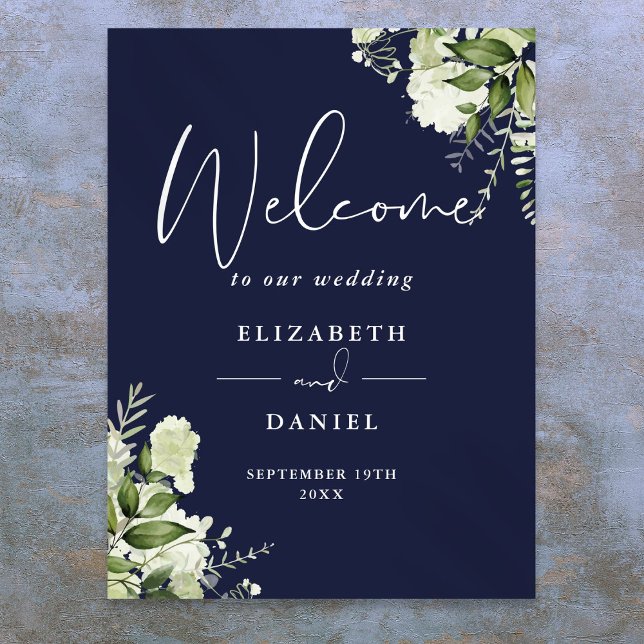 Marine Blue Greenery Floral Mariage Affiche de bie (Navy Blue Greenery Floral Wedding Welcome Sign)