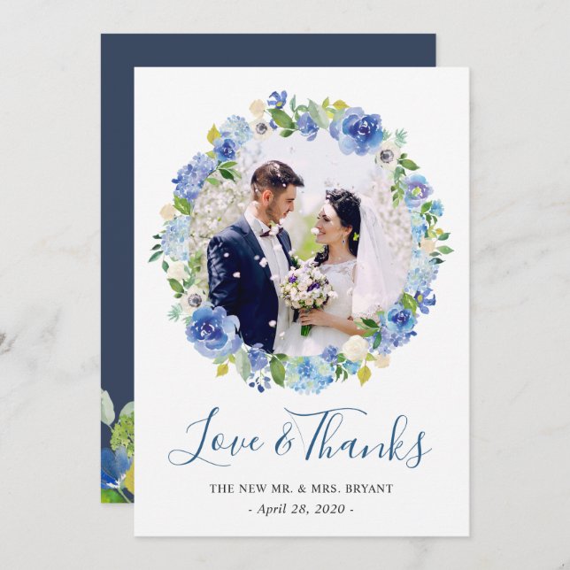 Marine Blue Hydrangea Floral Wreath Photo Merci (Devant / Derrière)