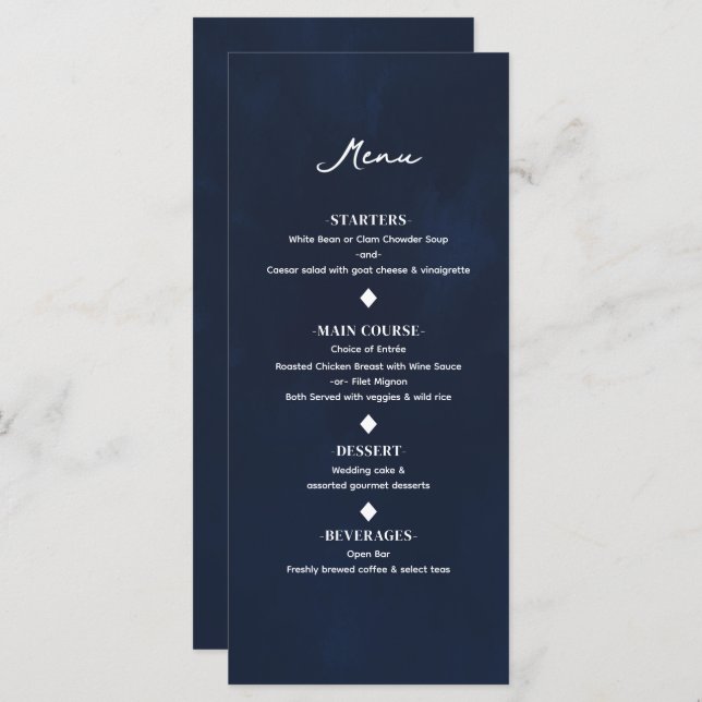 Marine Blue Minimal Moderne Élégant Mariage Menu (Devant / Derrière)