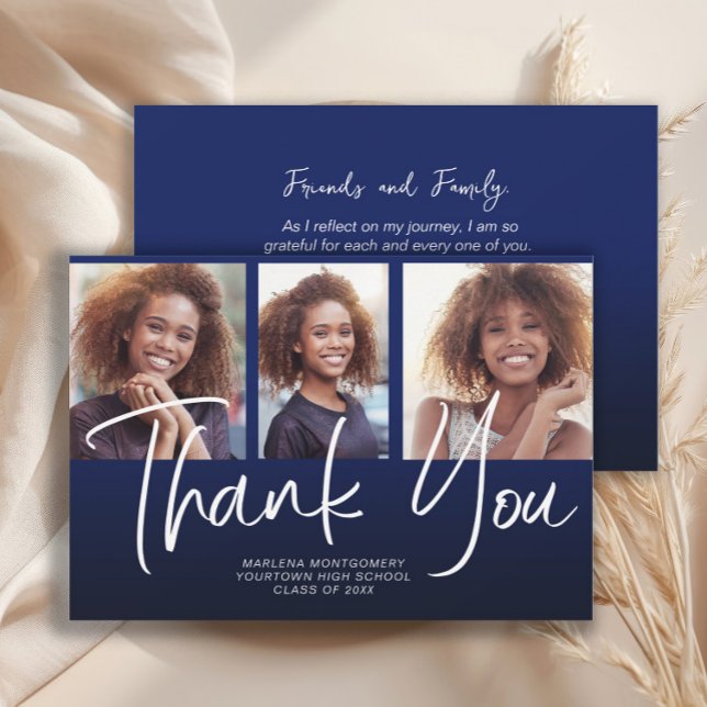 Marine Blue Ombre' Graduation 3 Merci photo (Navy blue 3-photo graduation "Thank you" card)