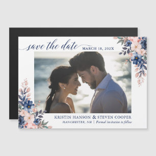 Marine Blue Peach Floral Photo Save the Date Magne